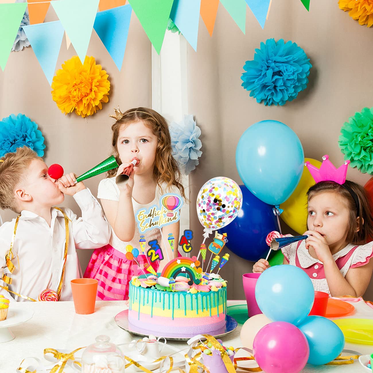iZoeL Cake Decoration School Child School Cake Decoration Finally School Child Cake Topper Rainbow Confetti Balloon ABC 123 Cupcake Muffin Decoration for Girls Boys (Multicoloured School Child)