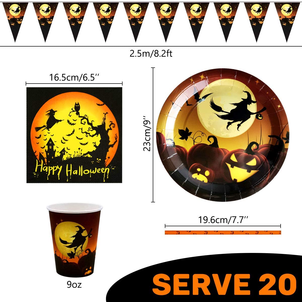 iZoeL Halloween Tableware for 20Guests Witches Banner Paper Plates Napkins Cups Straws - Disposable Dinnerware for Halloween Party Decorations Supplies