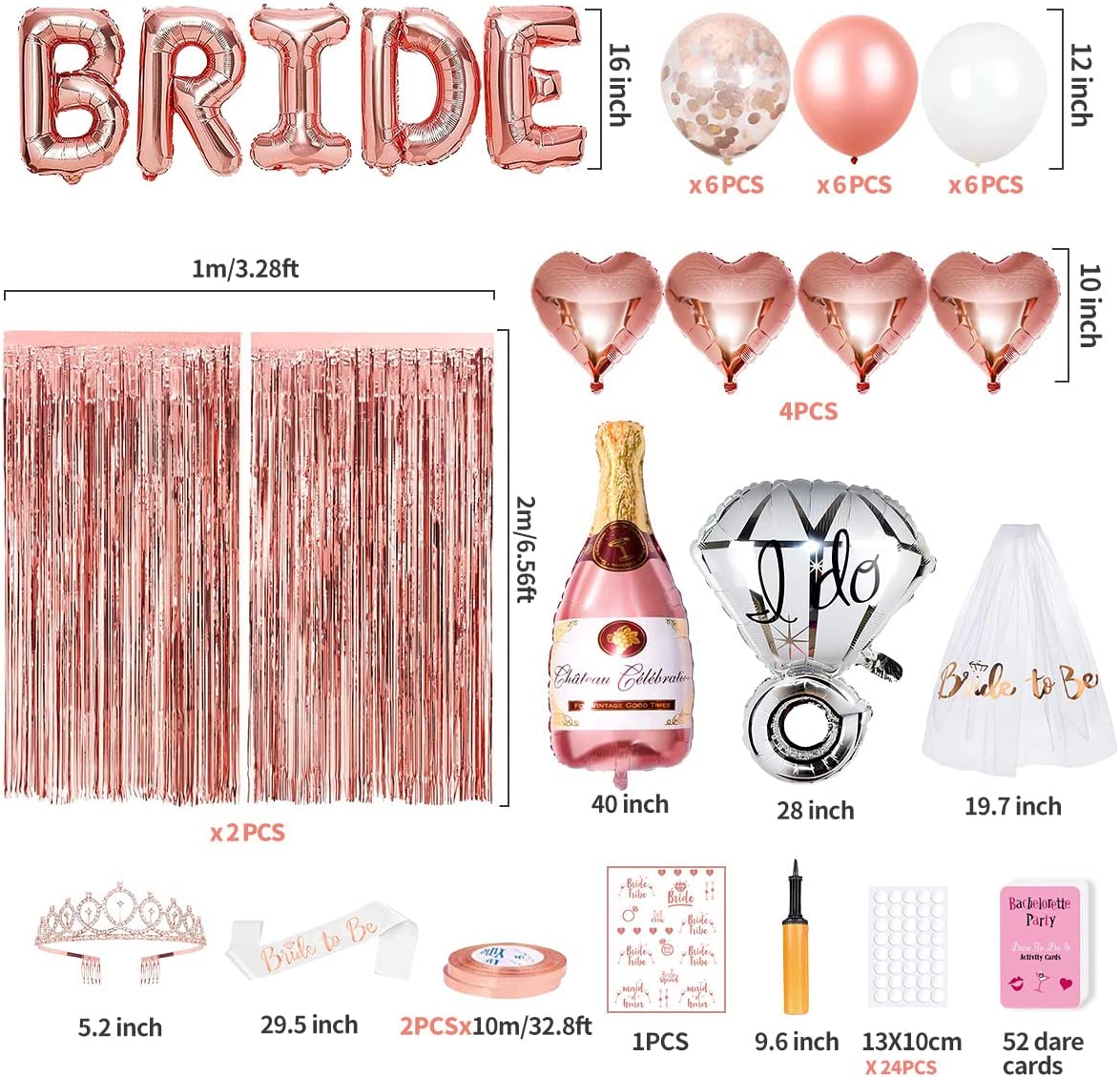 iZoeL Hen Party Accessories, Bride to Be Sash, Veil, Rhinestone Tiara, Hen Party Game Dare Cards, Foil Curtains, Champagne Ring Balloon, Tattoos, Hen Do Party Decoration Hen Party Bag Fillers