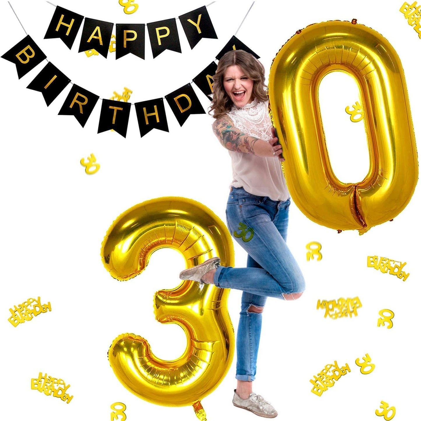 iZoeL 30th Black Gold Birthday Party Decoration, Happy Birthday Banner, Helium Number Balloon 30 XXL, 2 Gold Fringe Curtain, Latex Confetti Balloon, Table Confetti for Man Girl Women Anniversary