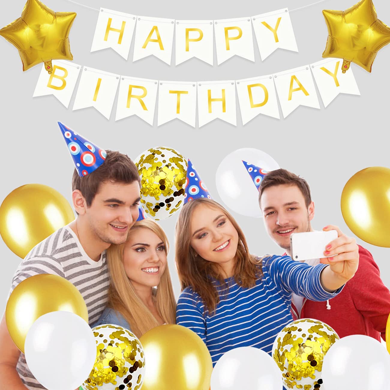 iZoeL Gold Birthday Decoration for Him, Happy Birthday Banner, Confetti Balloons, Big Star Balloons, for Boys Mens Husband Girl Women Birthday Party Supplies Baby Shower