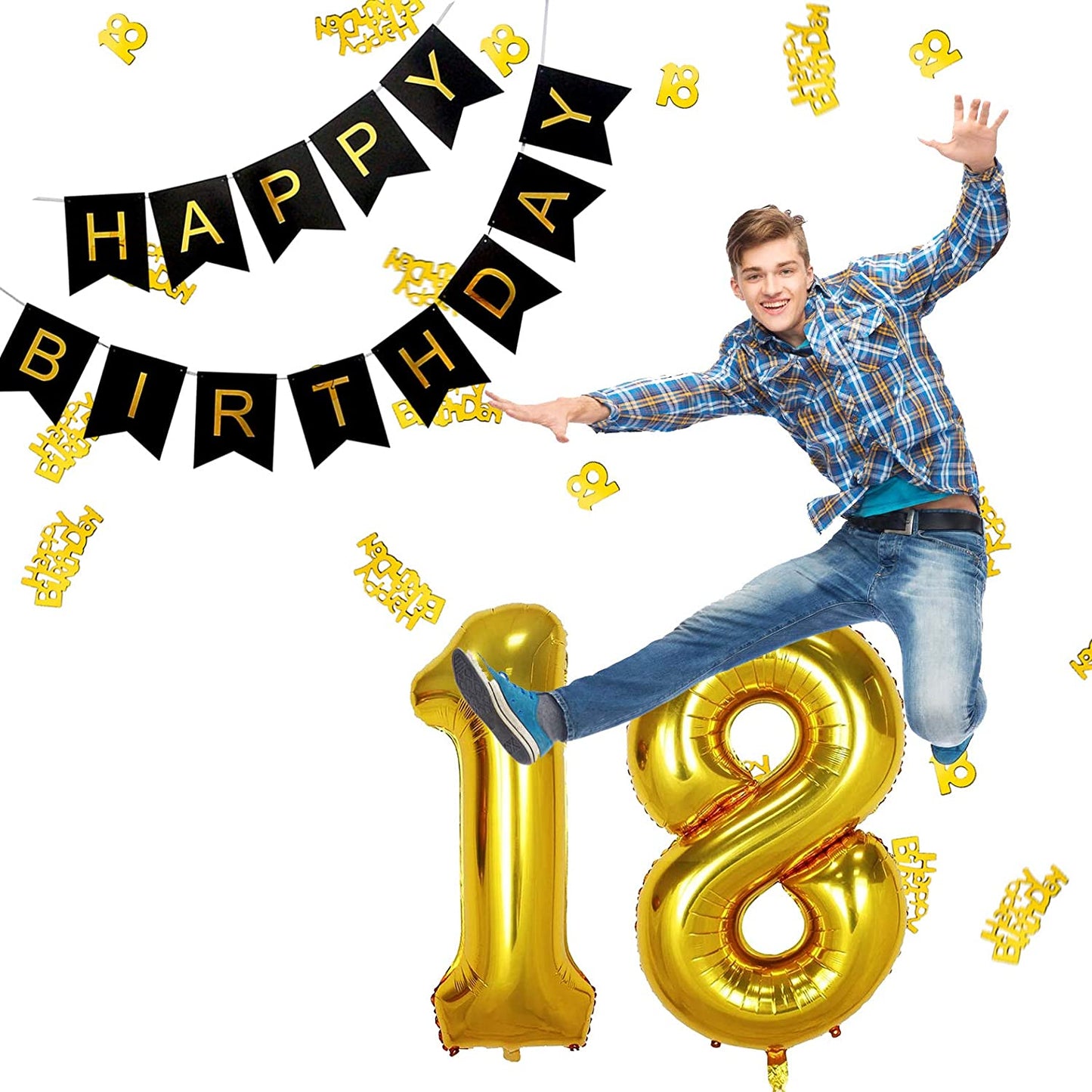 iZoeL 18th Black Gold Birthday Party Decoration, Happy Birthday Banner, Helium Number Balloon 18 XXL, 2 Gold Fringe Curtain, Latex Confetti Balloon, Table Confetti for Man Girl Women Anniversary