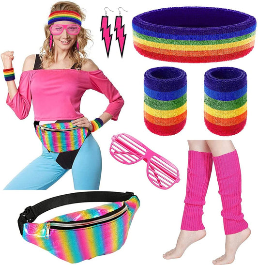 iZoeL 80s Fancy Dress for Women 80s Accessories Halloween Costumes for Kids 80s Outfits for Girls - Waist Packs Headband Wristbands Leg Warmers - Neon 80s Fun Run Teams