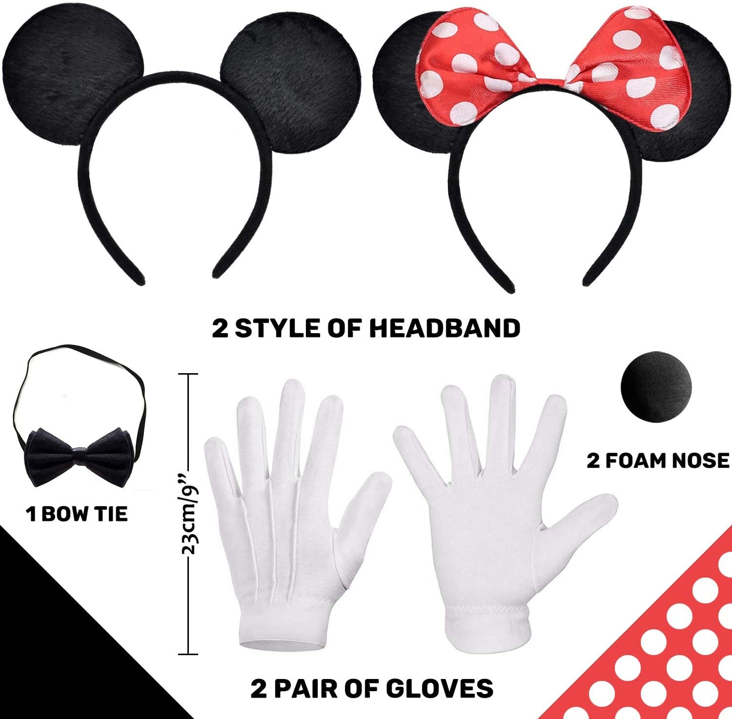 iZoeL Mouse COSTUME Kit 2x Mouse Ear Headband 4x White Gloves 2x Black Nose 1x bow tie bow for Carnival Accessory Birthday Fancy Dress Party Bag Favors Cosplay Adult Kid