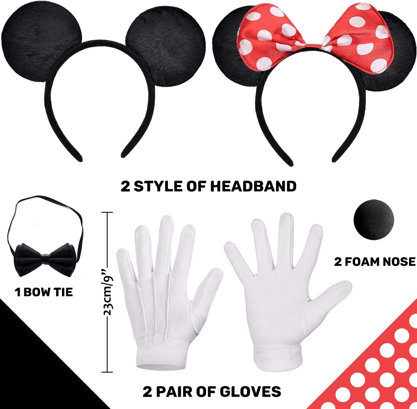 iZoeL Mouse COSTUME Kit 2x Mouse Ear Headband 4x White Gloves 2x Black Nose 1x bow tie bow for Carnival Accessory Birthday Fancy Dress Party Bag Favors Cosplay Adult Kid