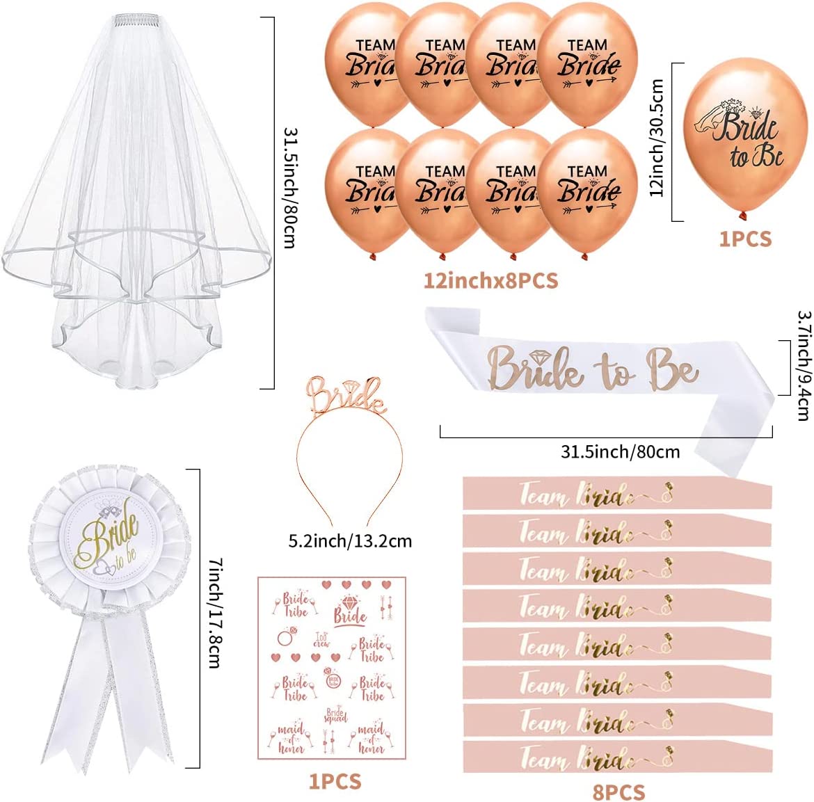 iZoeL Hen Party Accessories,Bride to Be Veil,Bride Headband Tiara, 9 Bride Sash, Tattoos Team Bride 492-2
