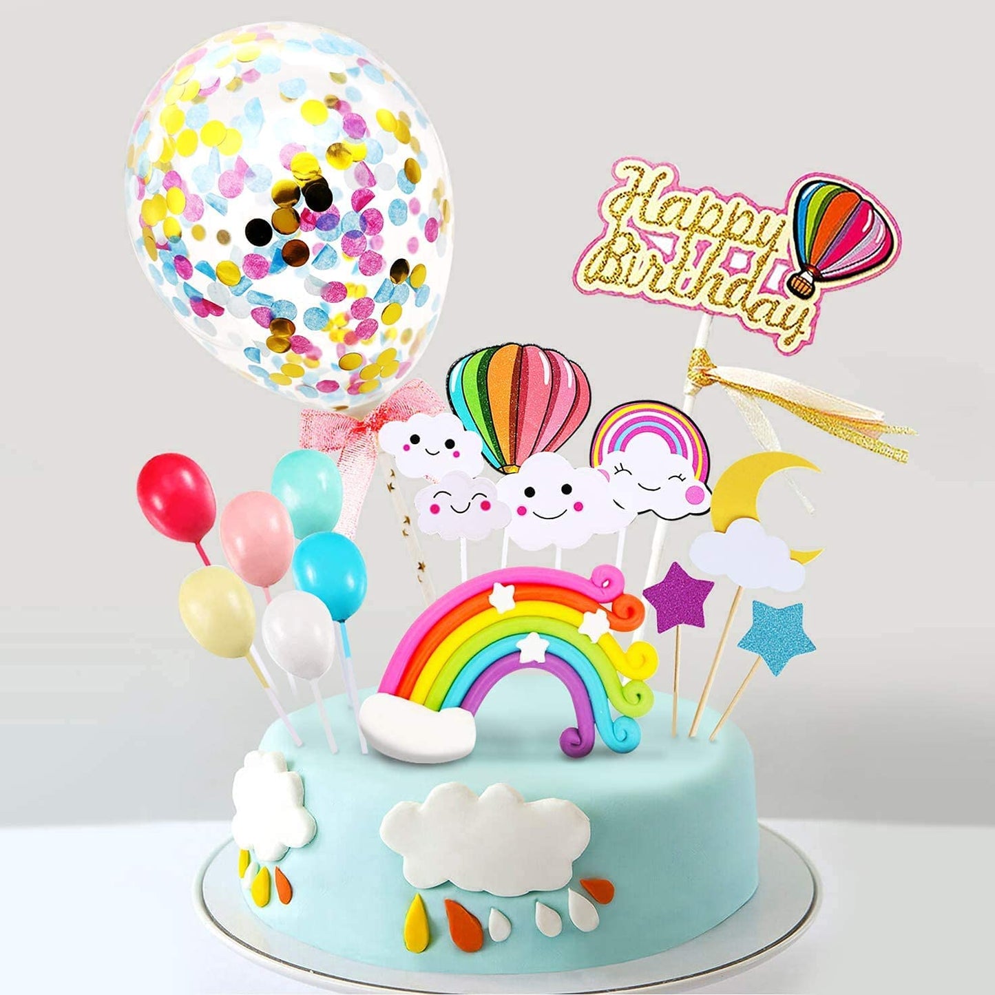 iZoeL Birthday Cake Topper Rainbow Cake Decoration Confetti Balloon Happy Birthday Cupcake Topper Moon Cloud Stars for Girls Boys Kids Woman Birthday Anniversary Wedding Baby Shower