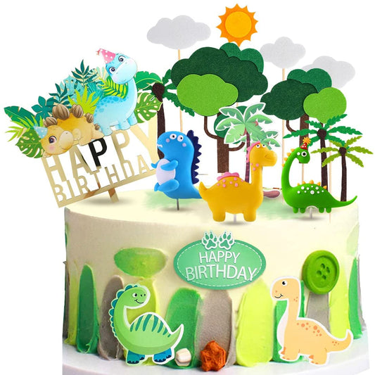 iZoeL 3D Dinosaur Cake Toppers, Dinosaur Cake Decoration, Dinosaur Happy Birthday Caker Topper,Dinosaur Cupcake Topper for Kids Boys Birthday Party Cake - 21PCS - Reusable