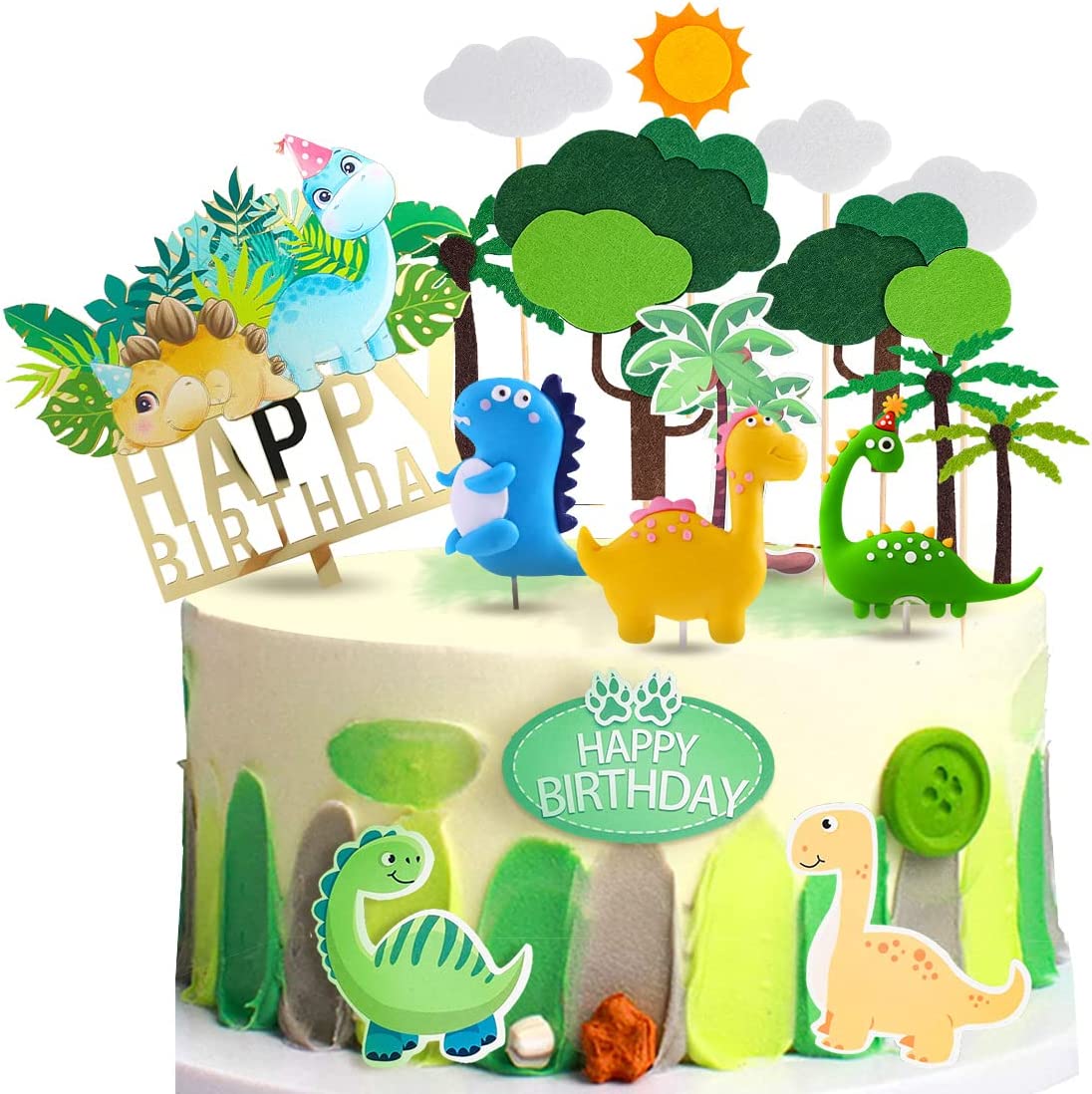 iZoeL Dinosaur Cake Decoration, 3D Dinosaur Cake Toppers, Dinosaur Happy Birthday Caker Topper,Dinosaur Cupcake Topper for Kids Boys Birthday Party Cake - 21PCS - Reusable