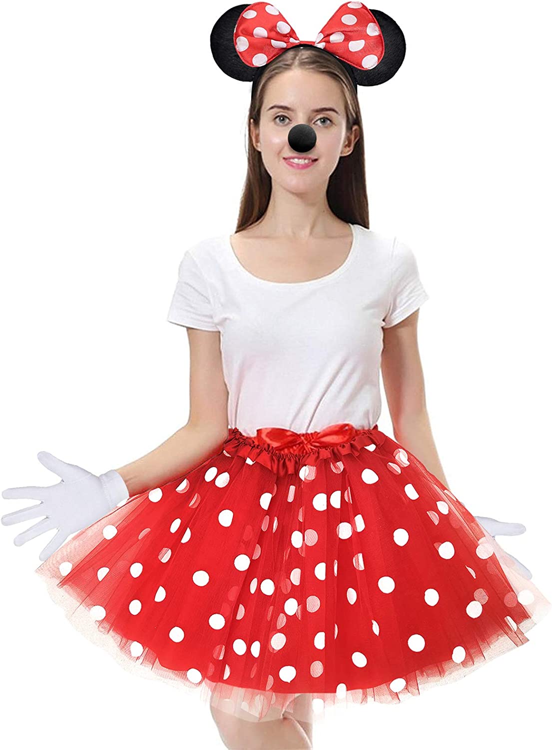iZoeL Minnie Mouse Costume Kit incl. red tutu skirt with white polka dot, Minnie Mouse Ear Headband, 2 White Gloves, Black Nose for Carnival Cartoon cosplay Decoration Party Character Adult kid