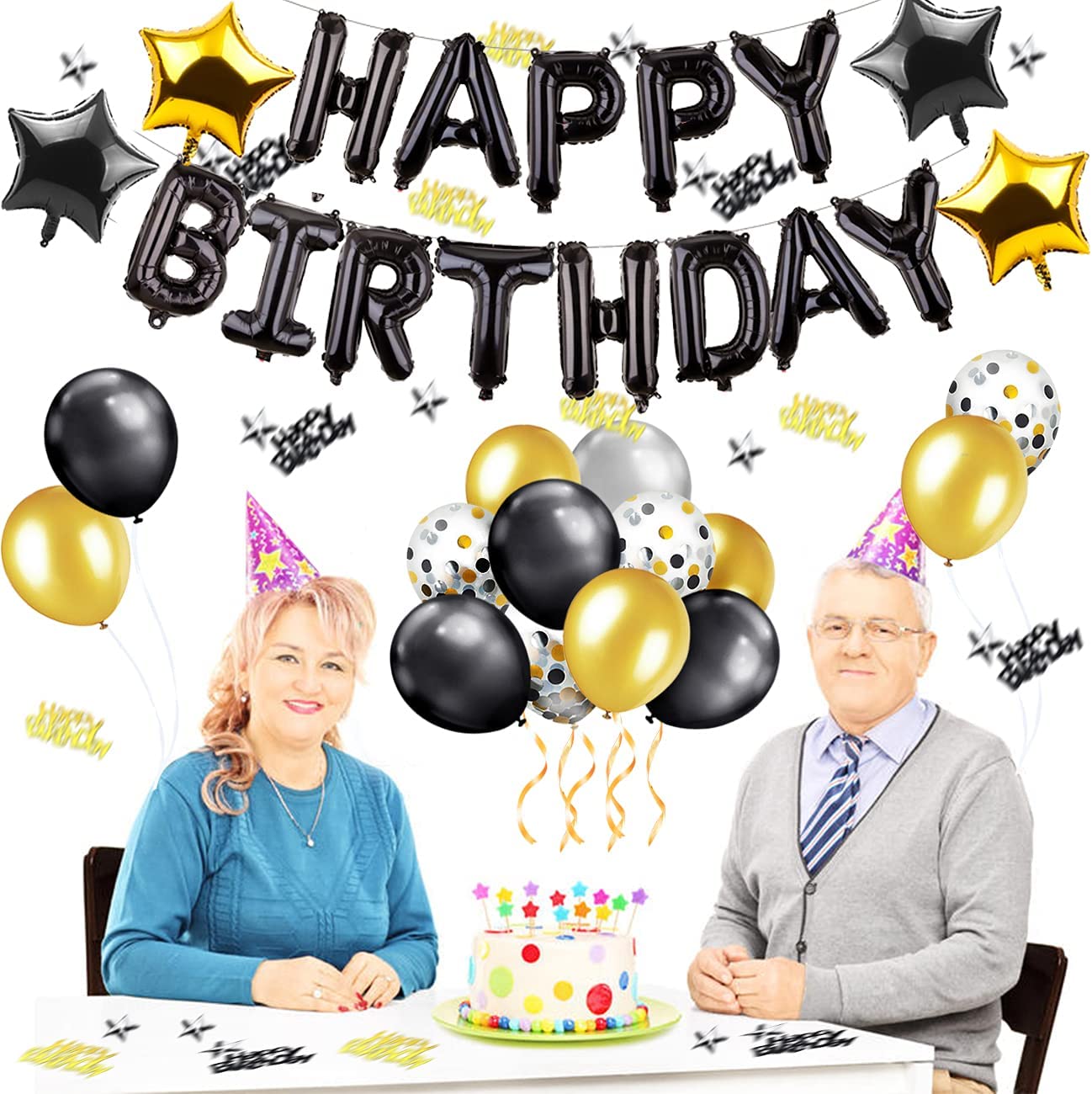 iZoeL Black Gold Birthday Decorations for Men Women Boys, 13pcs Happy Birthday Banner Balloon, 6pcs Star Balloons, 40pcs Latex Confetti Balloons plus 10g Table Confetti, Party Accessories