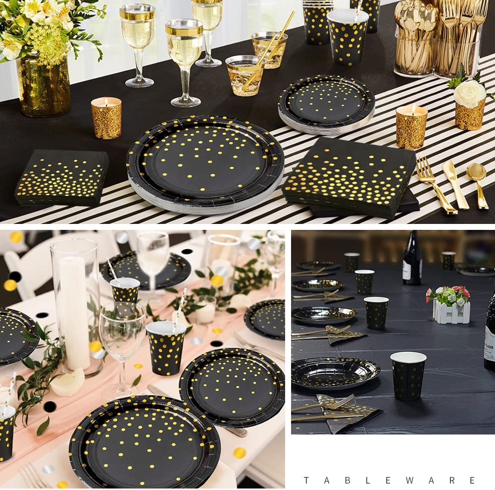 iZoeL Vaisselle Jetable Anniversaire Or Noir, Decoration Anniversaire Homme Femme, 46pcs Arche Ballon anniversaire Nappe Rideau Bruant Serviettes Assiettes Tasses Paille 10g Confettis
