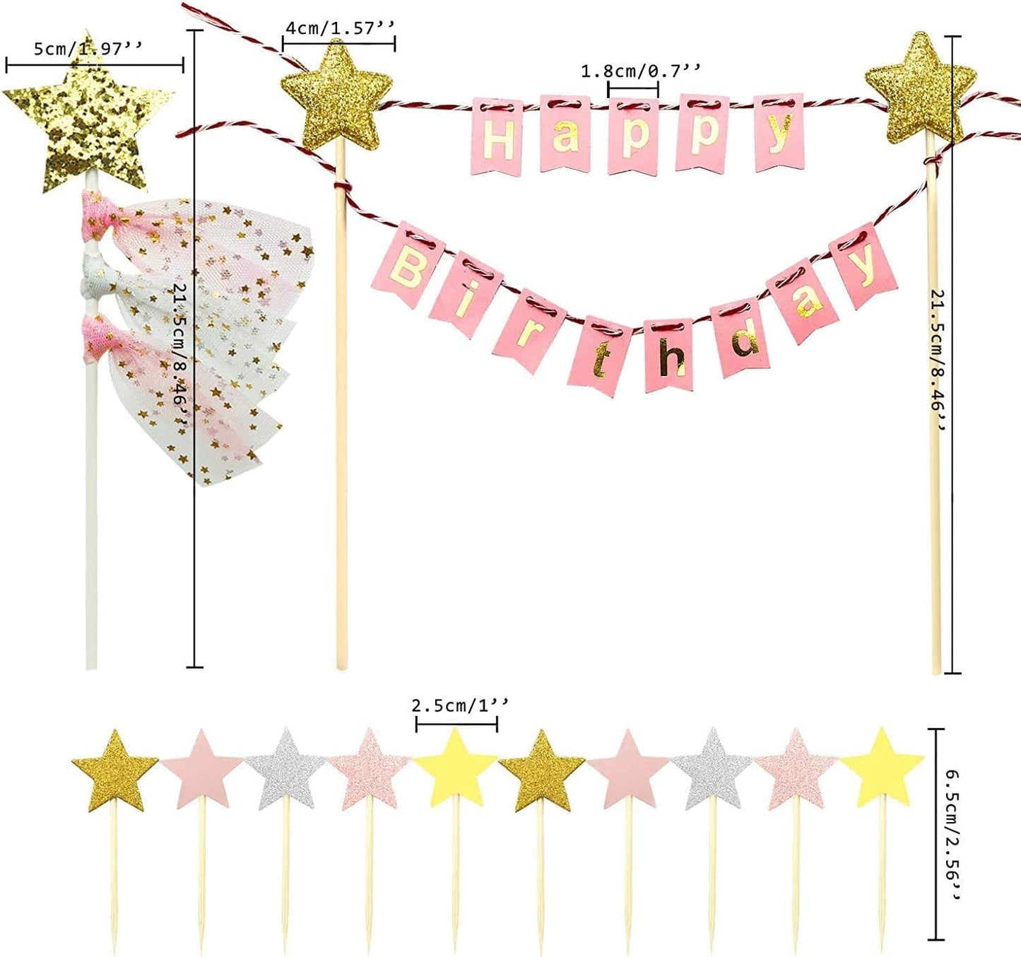 iZoeL Rainbow Cake Decorations, Happy Birthday Cake Topper Bunting Banner, Rainbow Moon Gold Star Cupcake Topper for Boy Girl Kid Birthday Baby Shower Party Decoration (Pink)