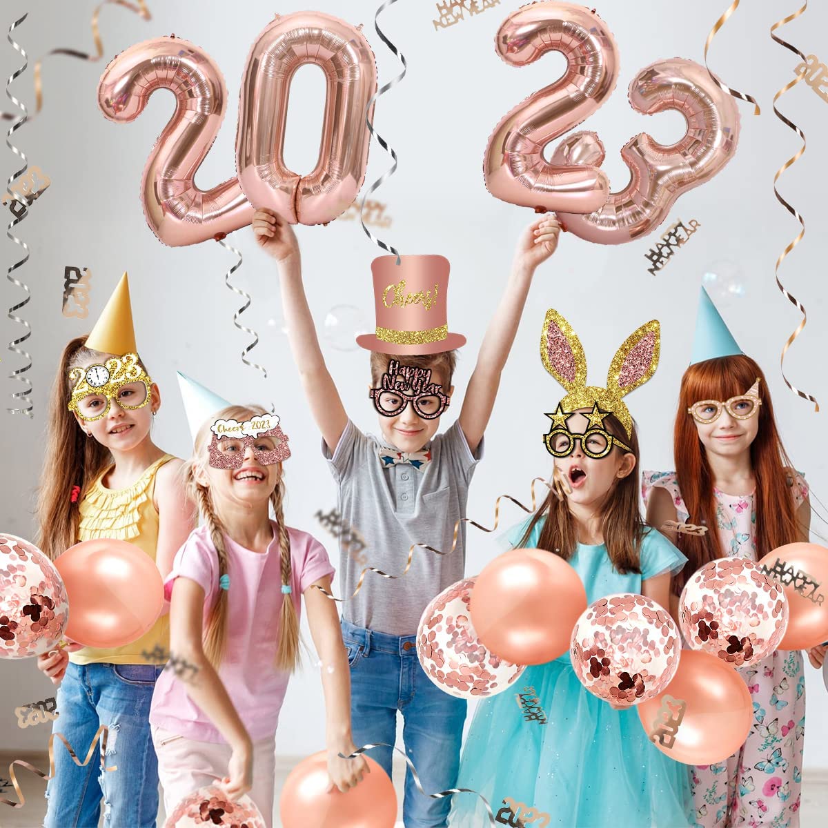 iZoeL New Years Decorations 2023 Eve Party Supplies - Rose Gold 2023 Balloons 2023 Glasses New Year Photo Booth Props, Curling Ribbons Table Confetti Decorations - New Years Party Favors