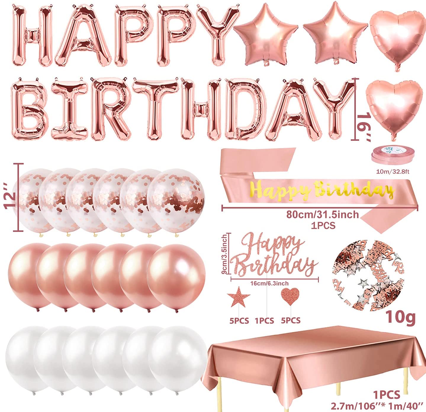 iZoeL Rose Gold Birthday Party Decoration, Happy Birthday Banner, Rose Gold Foil Tablecloth, Birthday Sash, Heart Star Foil Confetti Balloons 11pcs Cake Toppers 10g Table Confetti for Girls Women