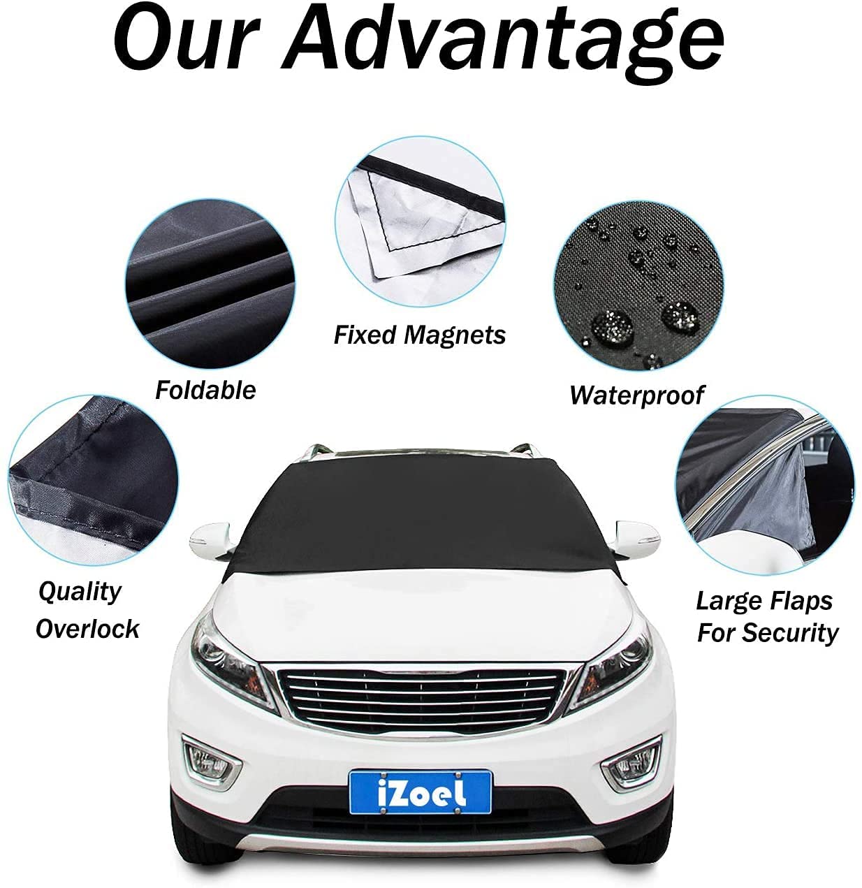 iZoeL Windshield Magnetic Snow Cover Winter Windscreen Protector, Frost Ice Guard Full Protection Car Cover, with 2 Hooks 7 Magnets Oversize Full Car Protector (Large 210cm*125cm)