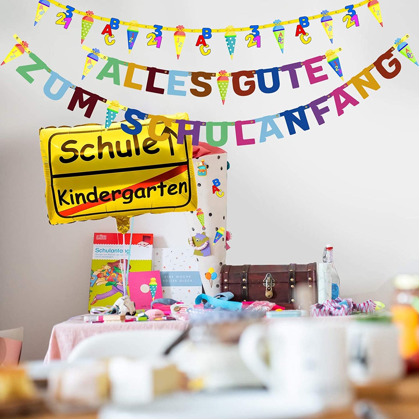 iZoeL Schuleinführung Schulanfang Einschulung Deko Alles Gute Zum Schulanfang Girlande + Schultüte Banner + Folienballon + 123 ABC Konfetti für Junge Mädchen