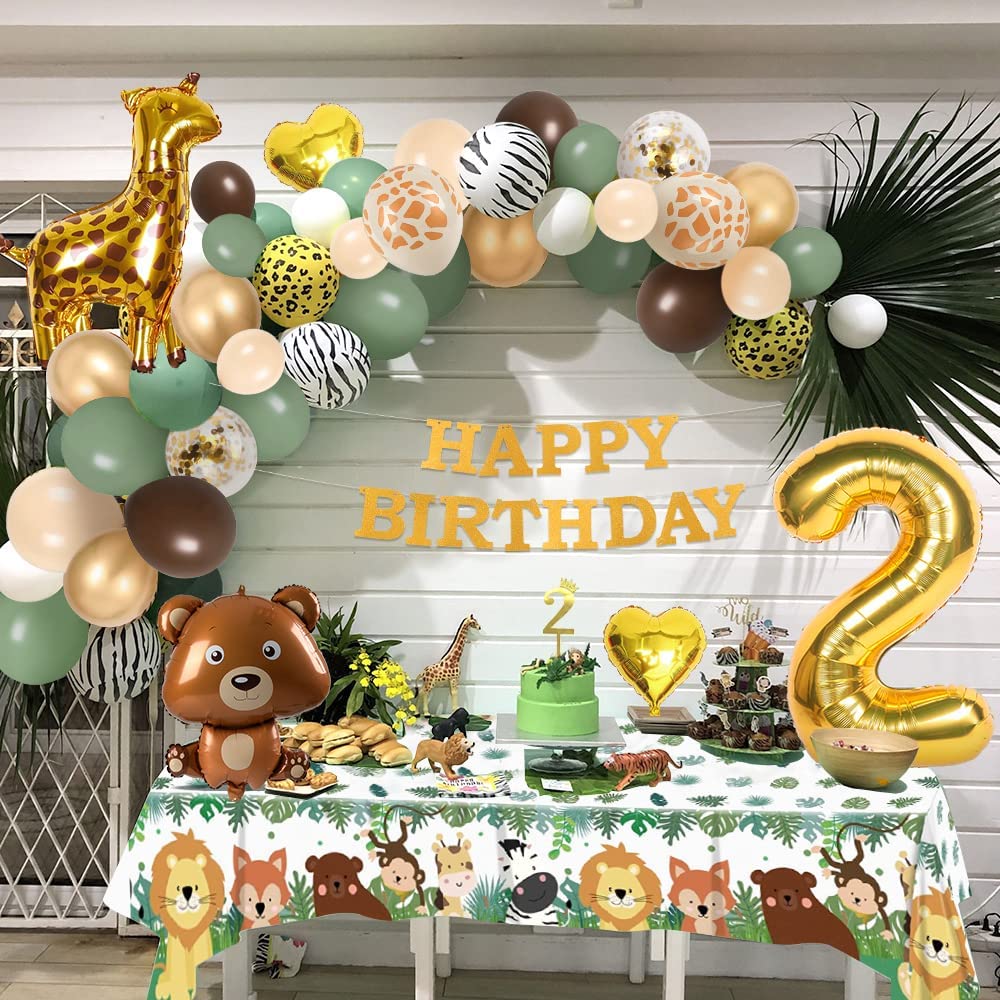 iZoeL 2nd Birthday Decorations for Baby Girls Boys 2 Birthday Banner Balloons, Sage Green Balloon Arch Kit, Giraffe Bear Balloons Wild Tablecloth 2nd Cake Topper Wild Two Animal Birthday Party