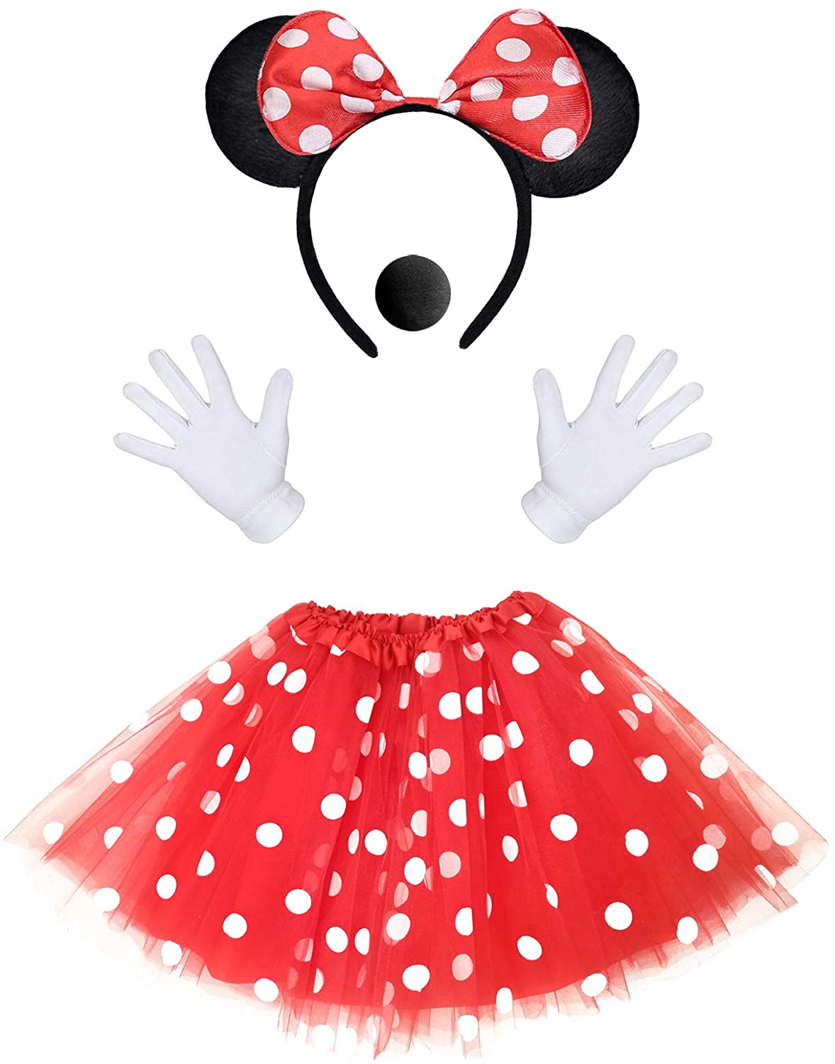 iZoeL Minnie Mouse Costume Kit incl. red tutu skirt with white polka dot, Minnie Mouse Ear Headband, 2 White Gloves, Black Nose for Carnival Cartoon cosplay Decoration Party Character Adult kid