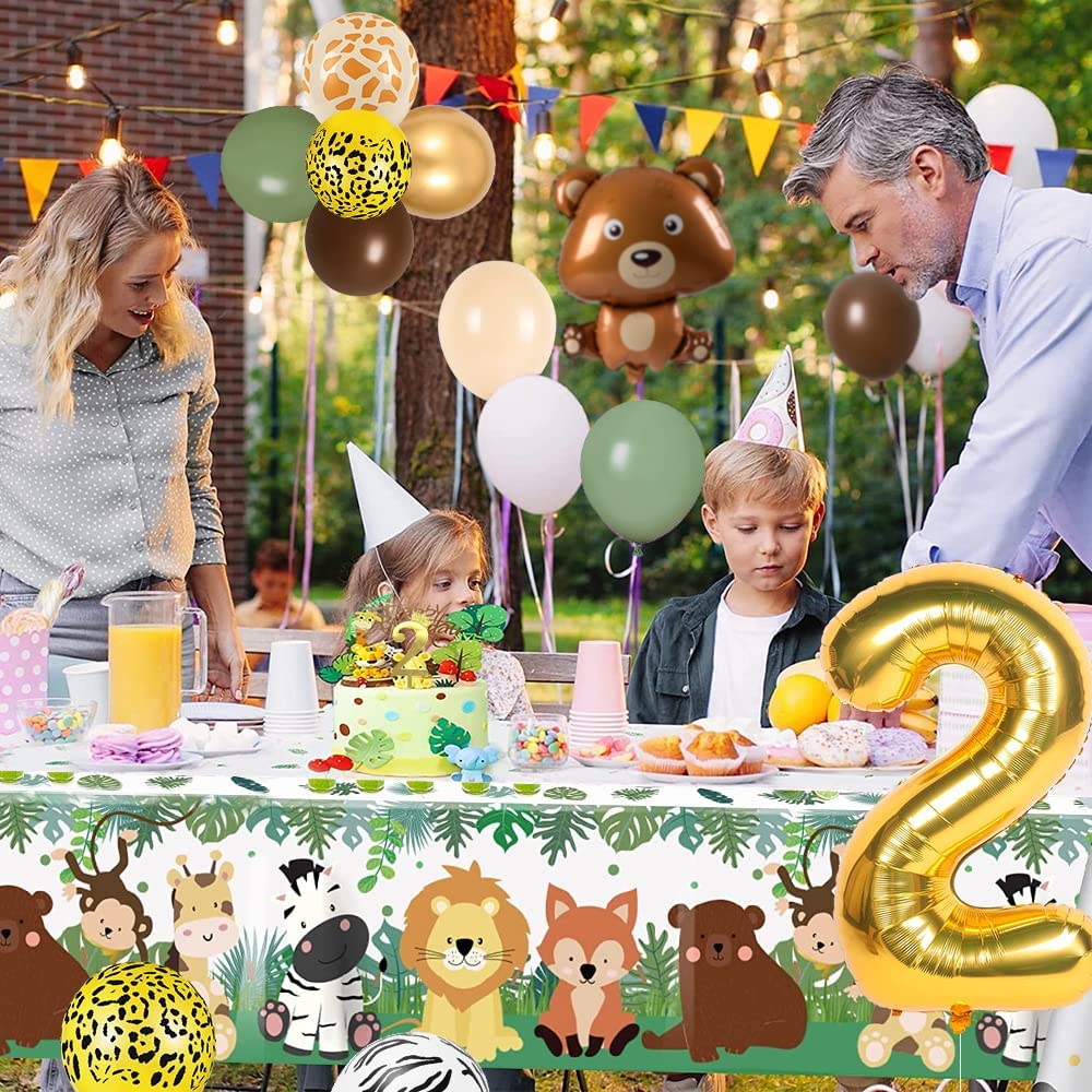 iZoeL 2nd Birthday Decorations for Baby Girls Boys 2 Birthday Banner Balloons, Sage Green Balloon Arch Kit, Giraffe Bear Balloons Wild Tablecloth 2nd Cake Topper Wild Two Animal Birthday Party