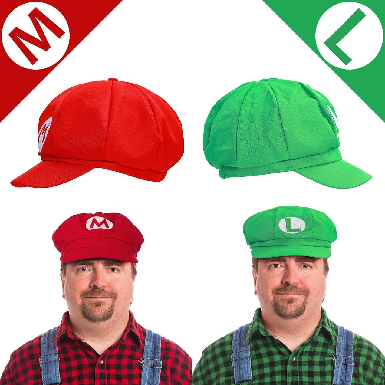 iZoeL Super Mario Luigi Hat Kit incl. Mario Luigi Hat + 4x white gloves + 14x mustache + 4x 5cm buttons for Party Character Games Carnival Decoration Adult Man Women Boy Girl kid
