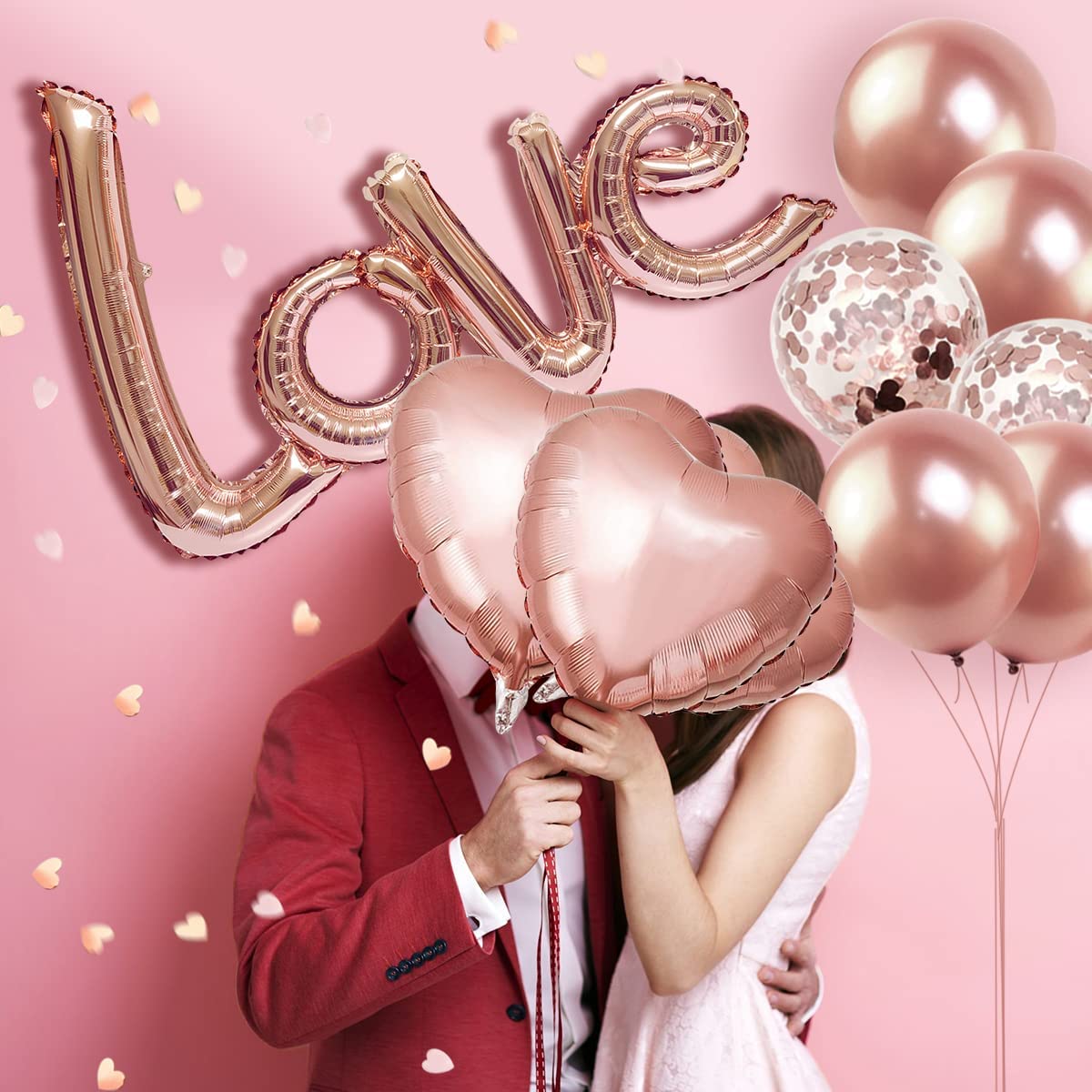 iZoeL Valentines Decorations, Rose Gold Valentines Balloons XXL LOVE Balloon, 6pcs Helium Heart Balloons, Heart Confetti 3000pcs, 12pcs Balloons for Wedding Anniversary Engagement Party