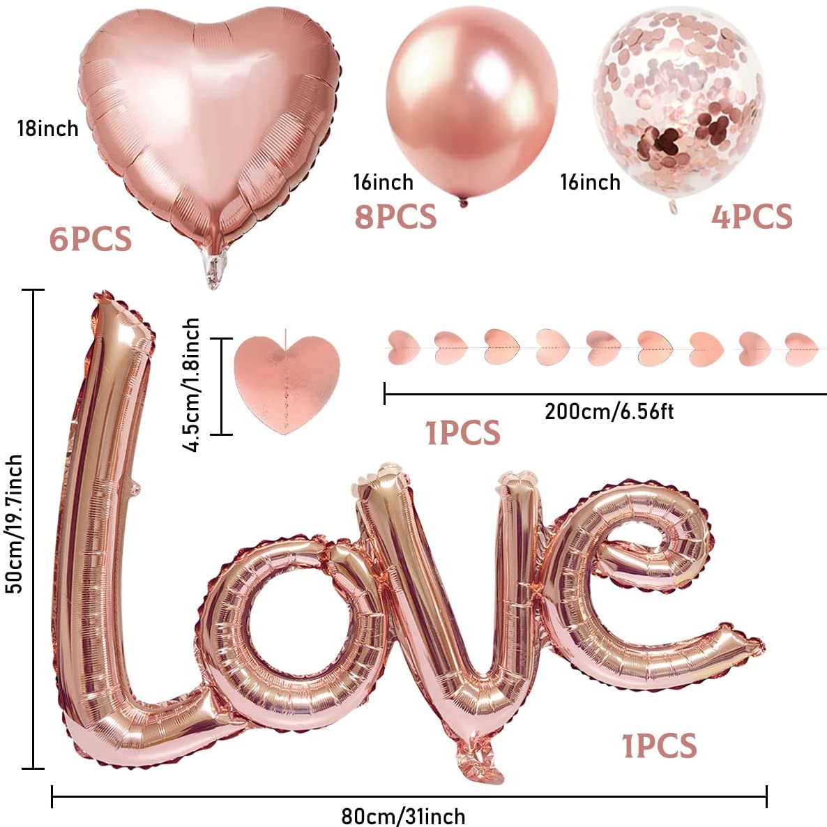 iZoeL Valentines Decorations, Rose Gold Valentines Balloons XXL LOVE Balloon, 6pcs Helium Heart Balloons, Hearts Garland 2m, 12pcs Balloons for Wedding Anniversary Engagement Party (rose gold)