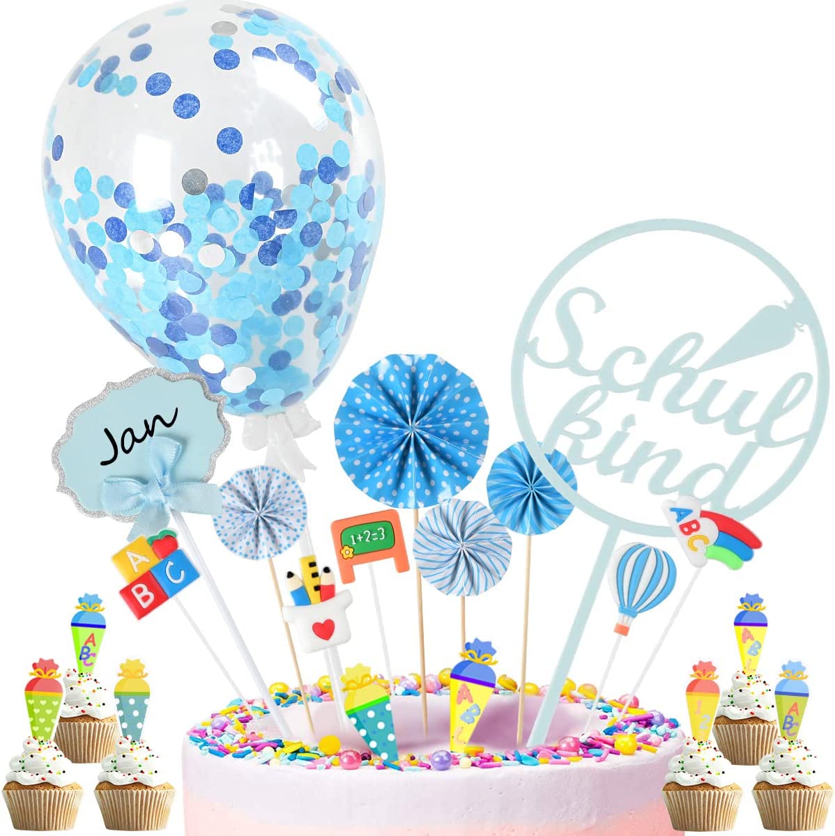 iZoeL Cake Decoration First Day of School Boys School Child Cake Decoration School Sugar Bag Cake Topper Confetti Balloon Paper Fan ABC 123 Cake Cupcake Muffin Decoration Cake Toppers