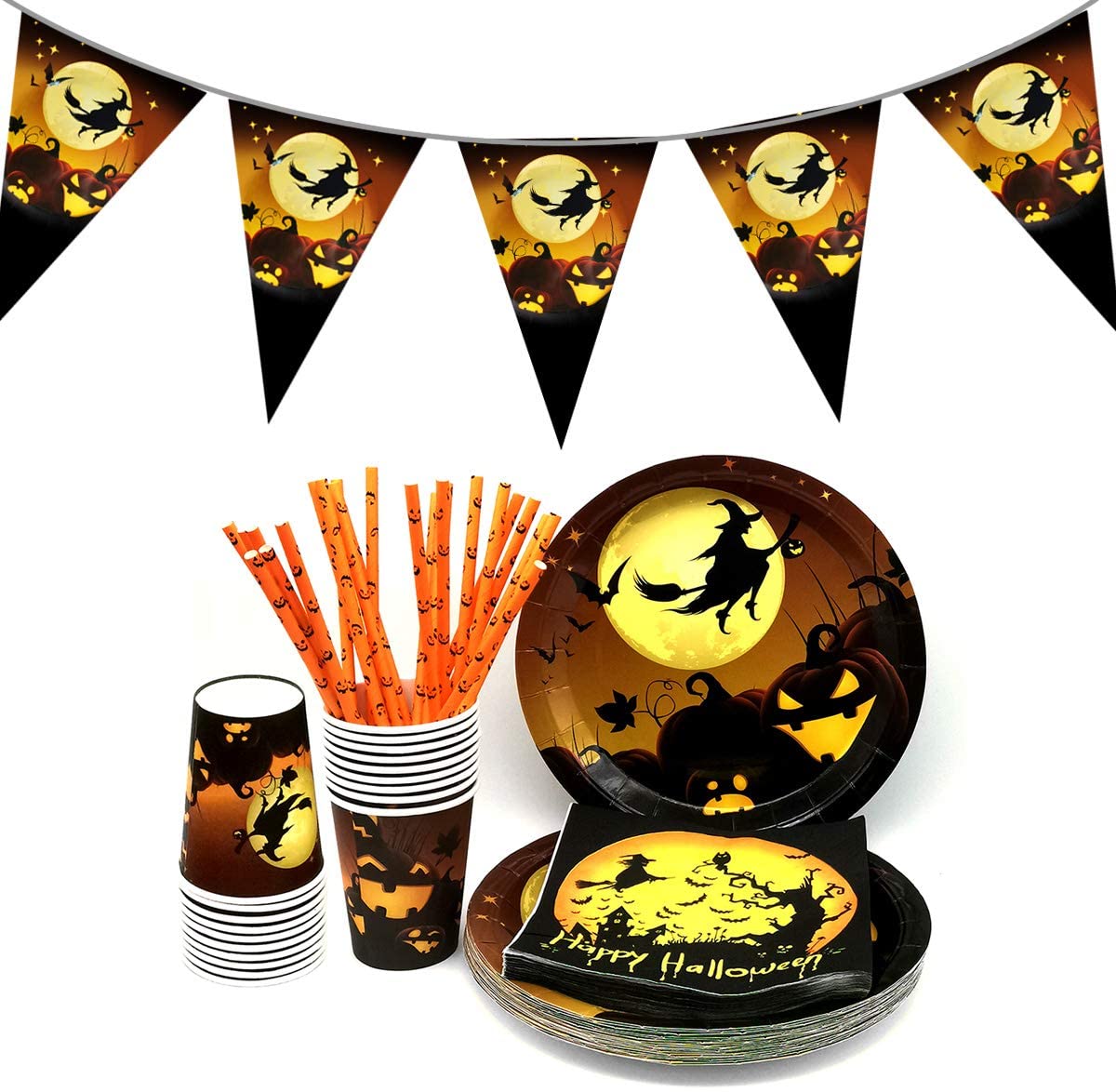 iZoeL Halloween Tableware for 20Guests Witches Banner Paper Plates Napkins Cups Straws - Disposable Dinnerware for Halloween Party Decorations Supplies