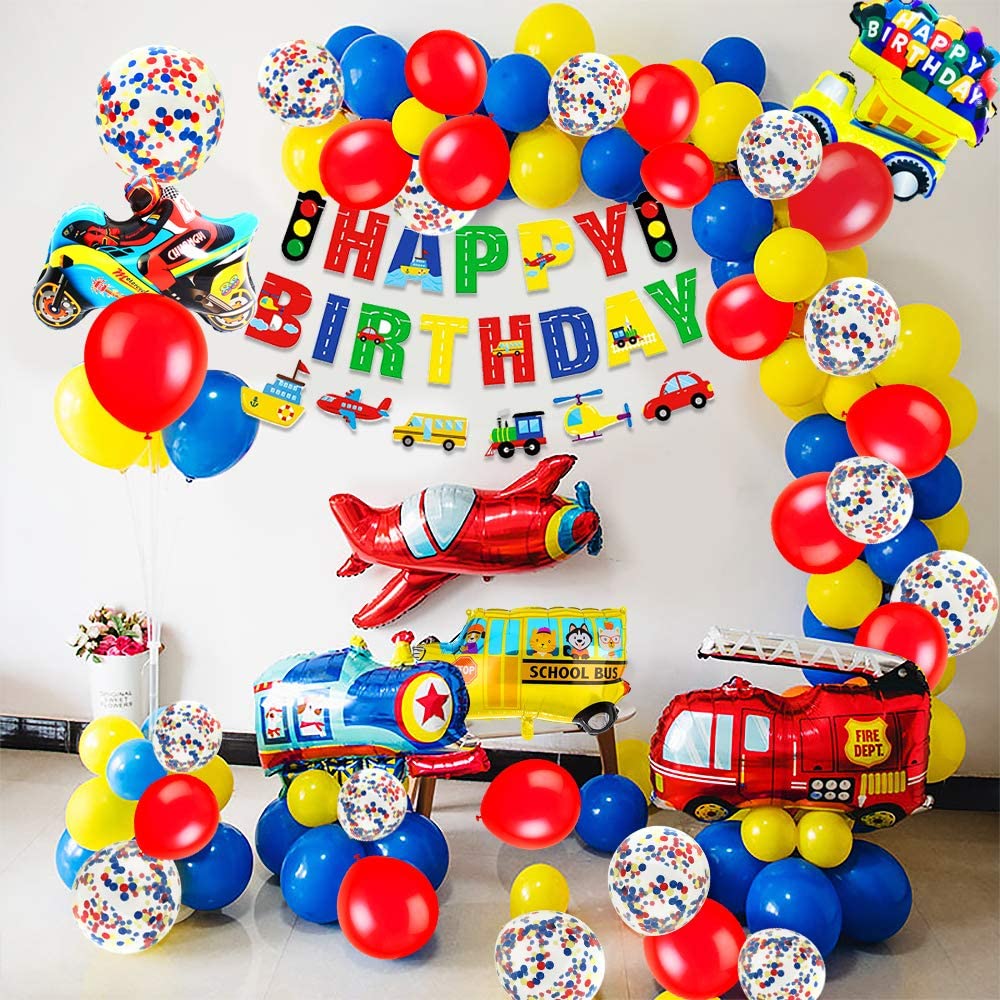 iZoeL Birthday Decoration for boys Happy Birthday Banner Cars School Bus Train Fire Truck Motorcycle Plane Balloons Transport Vehicles Cake Topper Kids 1st 2nd 3rd 4th