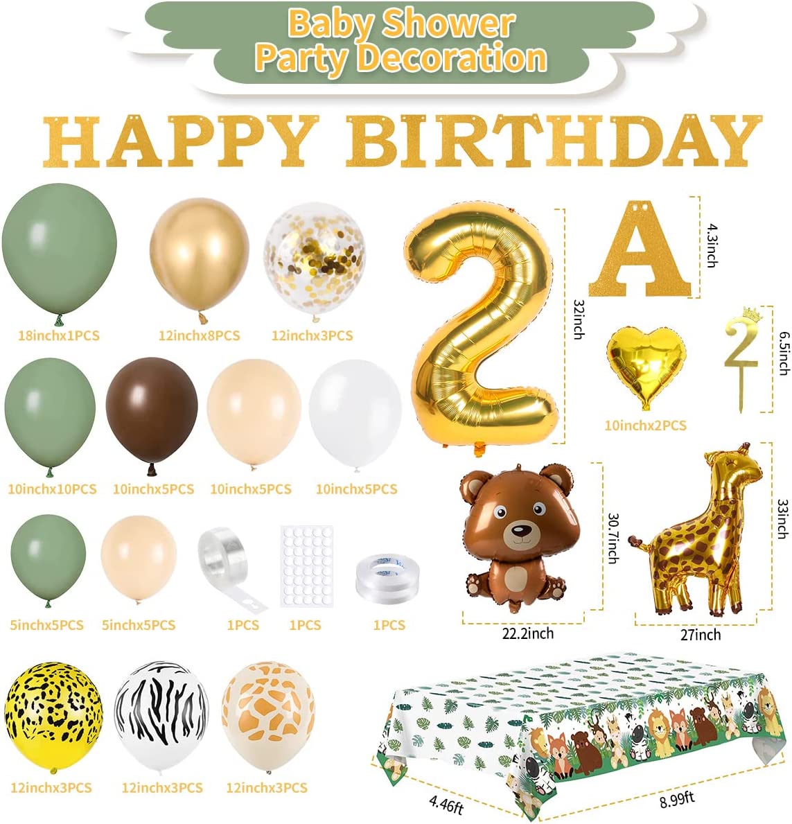 iZoeL 2nd Birthday Decorations for Baby Girls Boys 2 Birthday Banner Balloons, Sage Green Balloon Arch Kit, Giraffe Bear Balloons Wild Tablecloth 2nd Cake Topper Wild Two Animal Birthday Party
