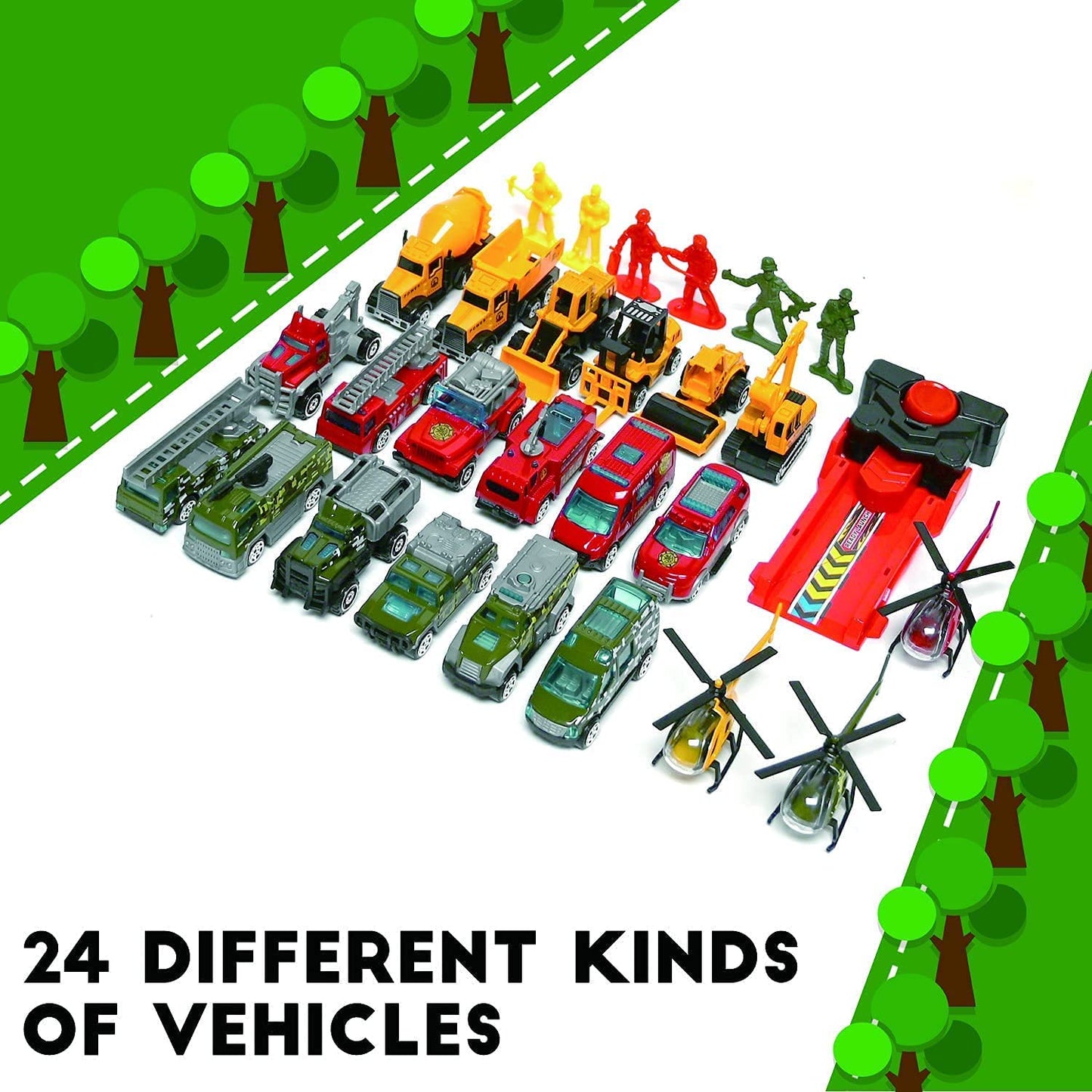 iZoeL Alloy Cars Advent Calendar for Kids Boys 2021, Launcher with 24 Construction Truck Fire Car Military Vehicles Helicopter, 24 Countdown Days for Son Grandson Girls