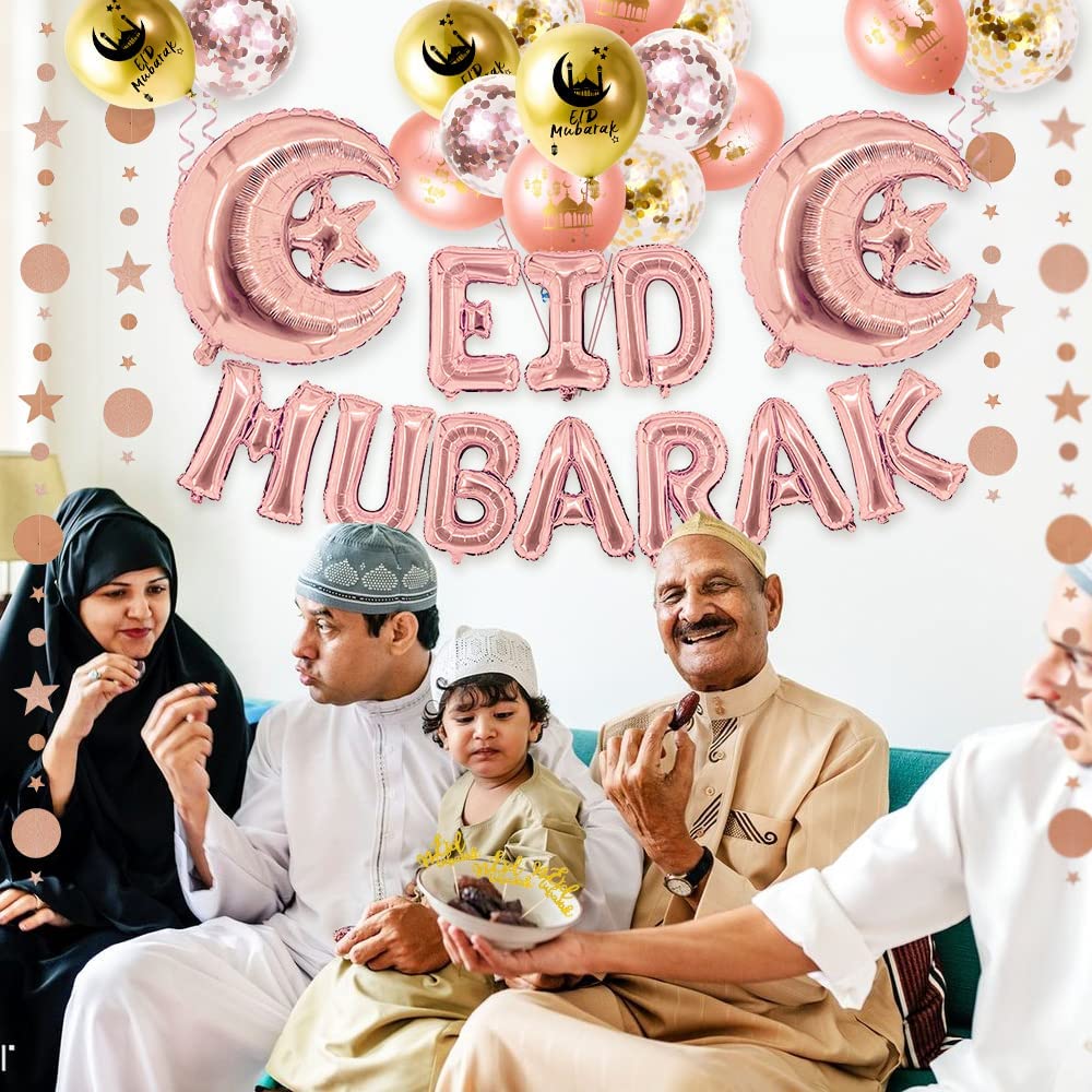 iZoeL EID Mubarak Decorations for Home Eid Decorations UK Eid Mubarak Balloon Mubarak Banner Eid Cake Topper Eid Balloons Star Garland for Home Restaurant Garden - Rose Gold and Gold