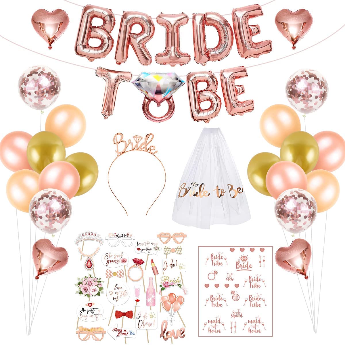 iZoeL Hen Party Decoration, Hen Party Accessories, Rose Gold Bride To Be Banner, Bride To Be Veil, Bride Headband Tiara, Hen Party Photo Booth Props, Tattoos Team Bride, Confetti Balloons - Hen Do