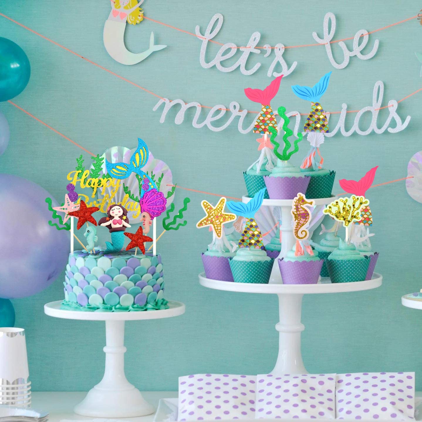 iZoeL 29pcs Mermaid Cake Topper, Seahorse Mermaid Tail Seaweed Starfish Cupcake, Happy Birthday Banner Cake Decoration For Girl Kid Baby Ocean Birthday party Baby Shower
