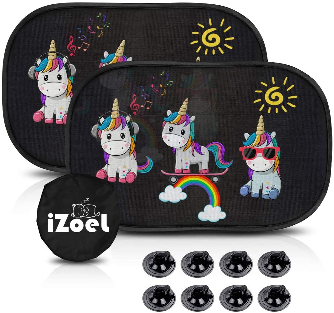 iZoeL Car Sun Shade for Baby Kids 2 Pack Static Cling Side Window Car 80GSM Rear Sunshades Universal with 8 Suction Cups and Storage Bag - Sun Glare and UV Rays Protection (Unicorn)