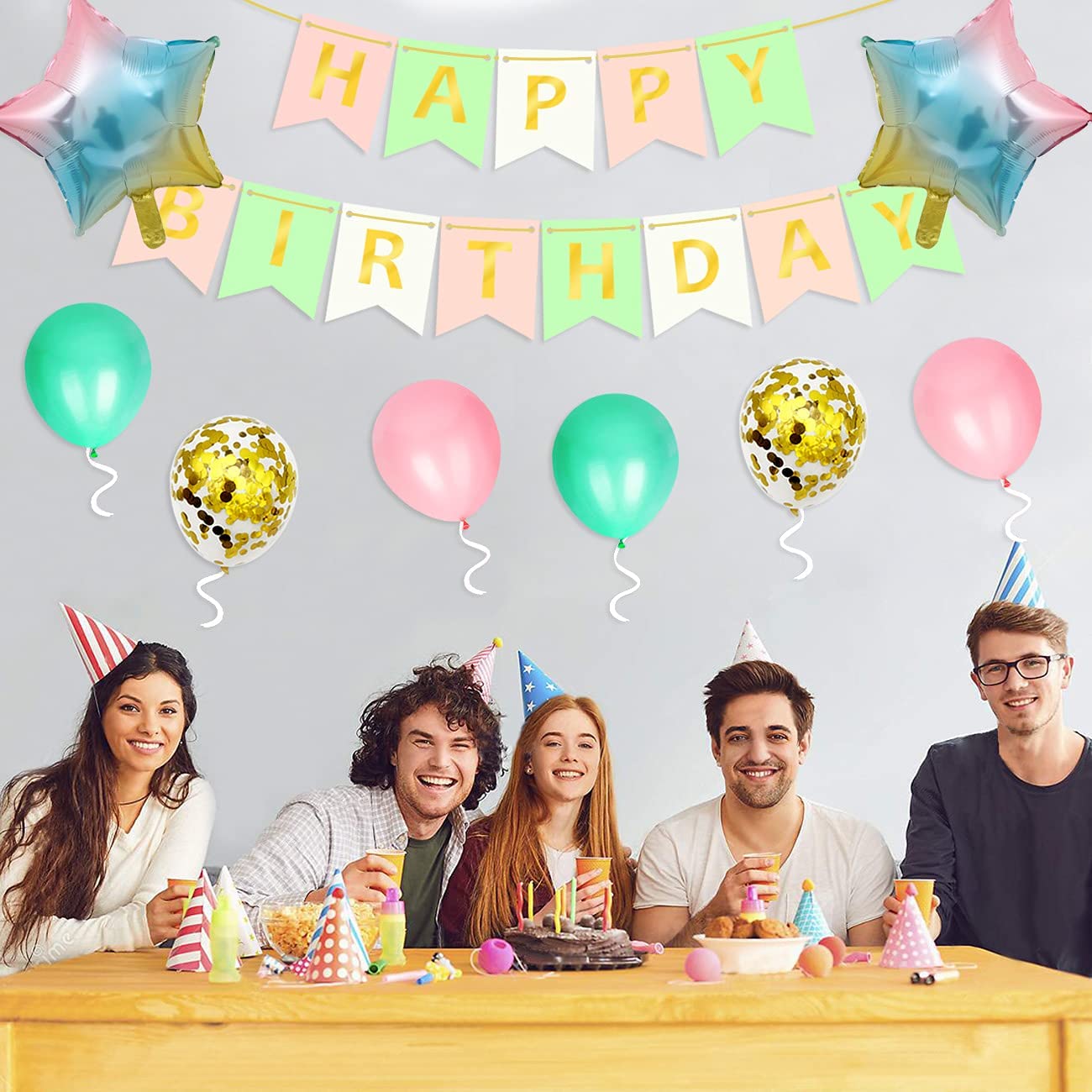 iZoeL Birthday Decoration for Girls, Happy Birthday Banner, Confetti Balloons, Big Star Balloons, for Women Her Birthday Party Supplies Baby Shower