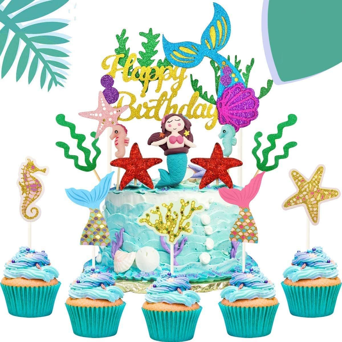iZoeL 29pcs Mermaid Cake Topper, Seahorse Mermaid Tail Seaweed Starfish Cupcake, Happy Birthday Banner Cake Decoration For Girl Kid Baby Ocean Birthday party Baby Shower