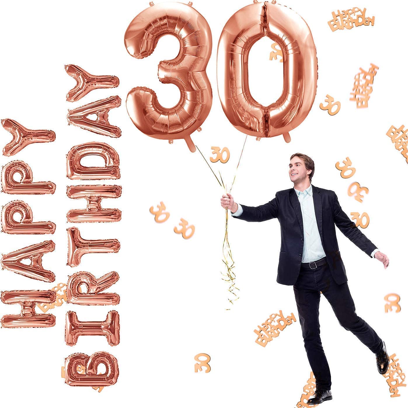 iZoeL 30th Rose Gold Birthday Party Decoration, Happy Birthday Banner, Helium Number Balloon 30 XXL, 2 Rose Gold Fringe Curtain, Latex Confetti Balloon, Table Confetti Girl Women Anniversary
