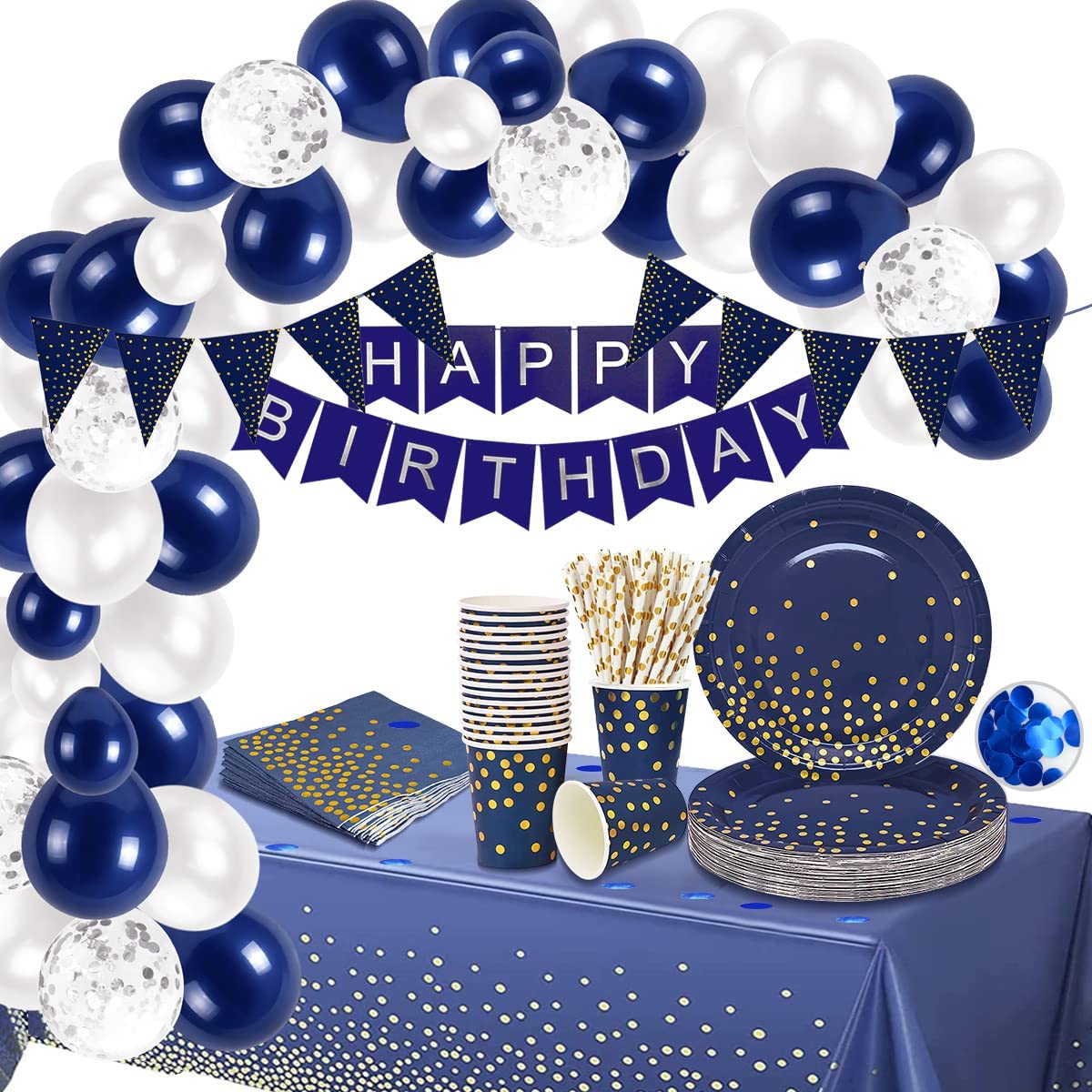 iZoeL Navy Blue Birthday Decoration Party Tableware Birthday Balloon Arch Kit - 16Guests, Party Supplies Happy Birthday Banner, Tablecloth Paper Plates Napkins Cups Straws 10g Confettis