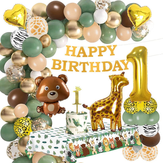 iZoeL 1st Birthday Decorations for Baby Girls Boys 1st Birthday Banner Balloons, Sage Green Balloon Arch Kit, Giraffe Bear Balloons Wild Tablecloth 1st Cake Topper Wild One Animal Birthday Party