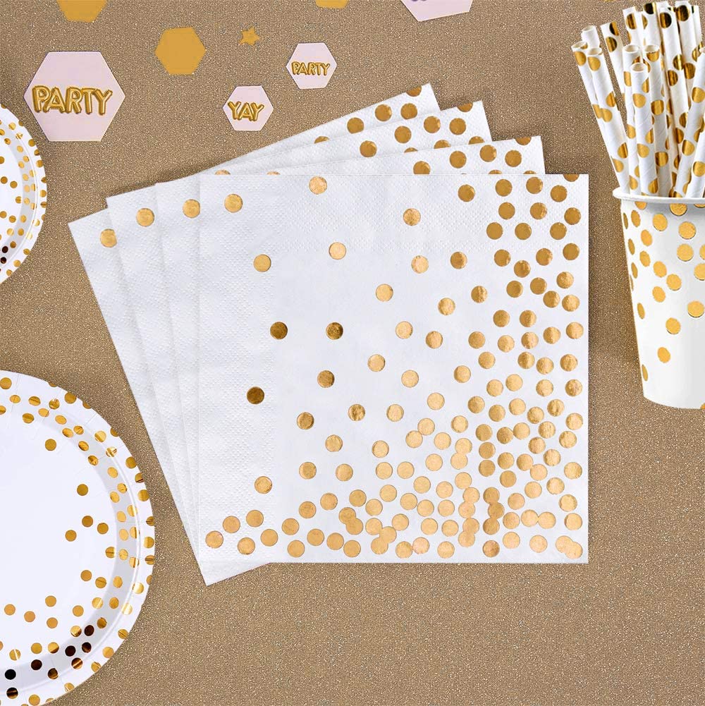 iZoeL 60pcs Gold Party Paper Napkins, Gold Serviettes Cocktail Napkins 3 Layers with Golden Dots - Soft & thick- Disposable Tableware for Birthday Hen Party Wedding Anniversary 6.5x6.5 IN