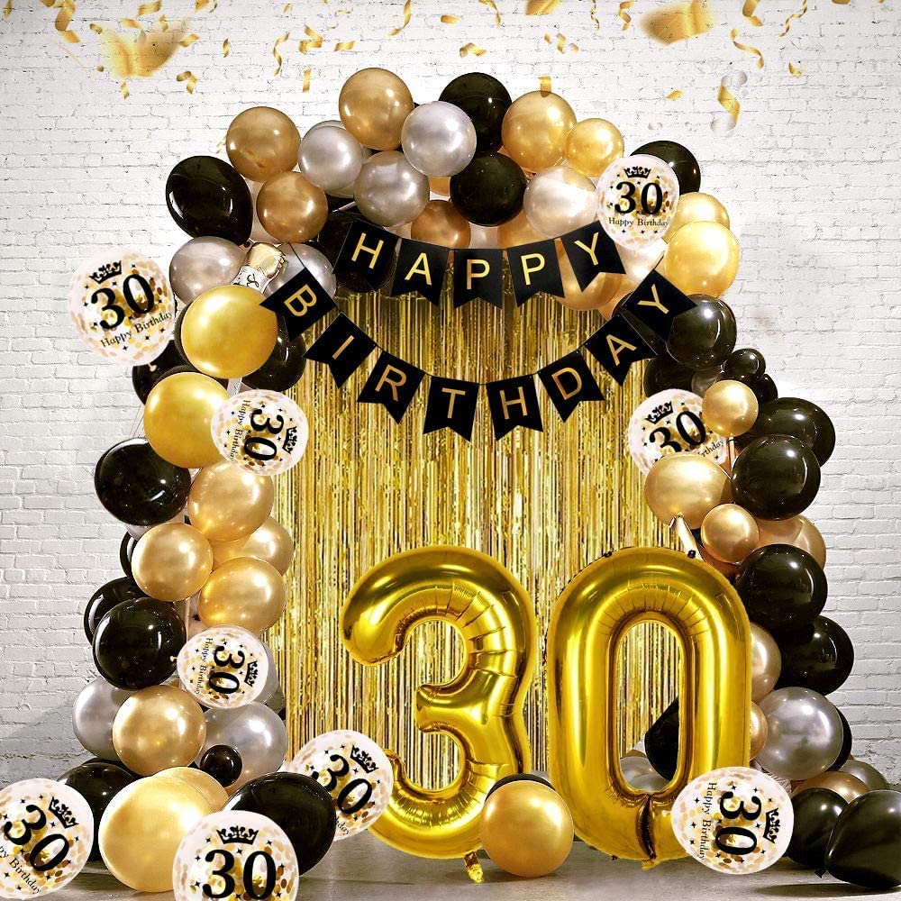 iZoeL 30th Black Gold Birthday Party Decoration, Happy Birthday Banner, Helium Number Balloon 30 XXL, 2 Gold Fringe Curtain, Latex Confetti Balloon, Table Confetti for Man Girl Women Anniversary