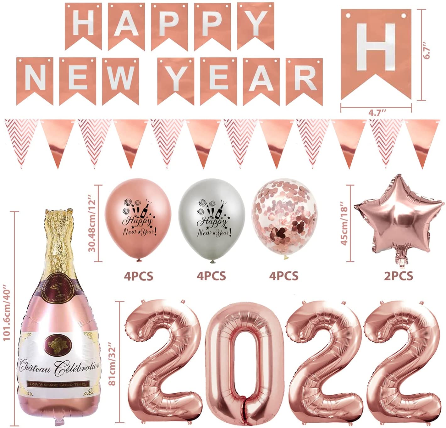 iZoeL XXL New Years Eve Party Decorations 2022, Rose Gold Happy New Year Decorations, Happy New Year Banner, 32‘’ 2022 Balloons, 40‘’ Bottle Champagne Balloons, Triangle Flag