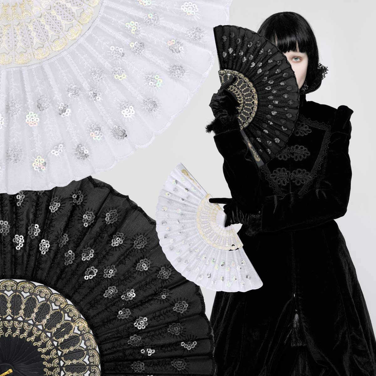 iZoeL Lace Folding Fans Handheld Folding Fans 2pcs Black and White Sequins Fan Women's Hand Held Holding Fans for Wedding Birthday Party Decoration Idea Gifts Dancing Prop Embellishing Walls