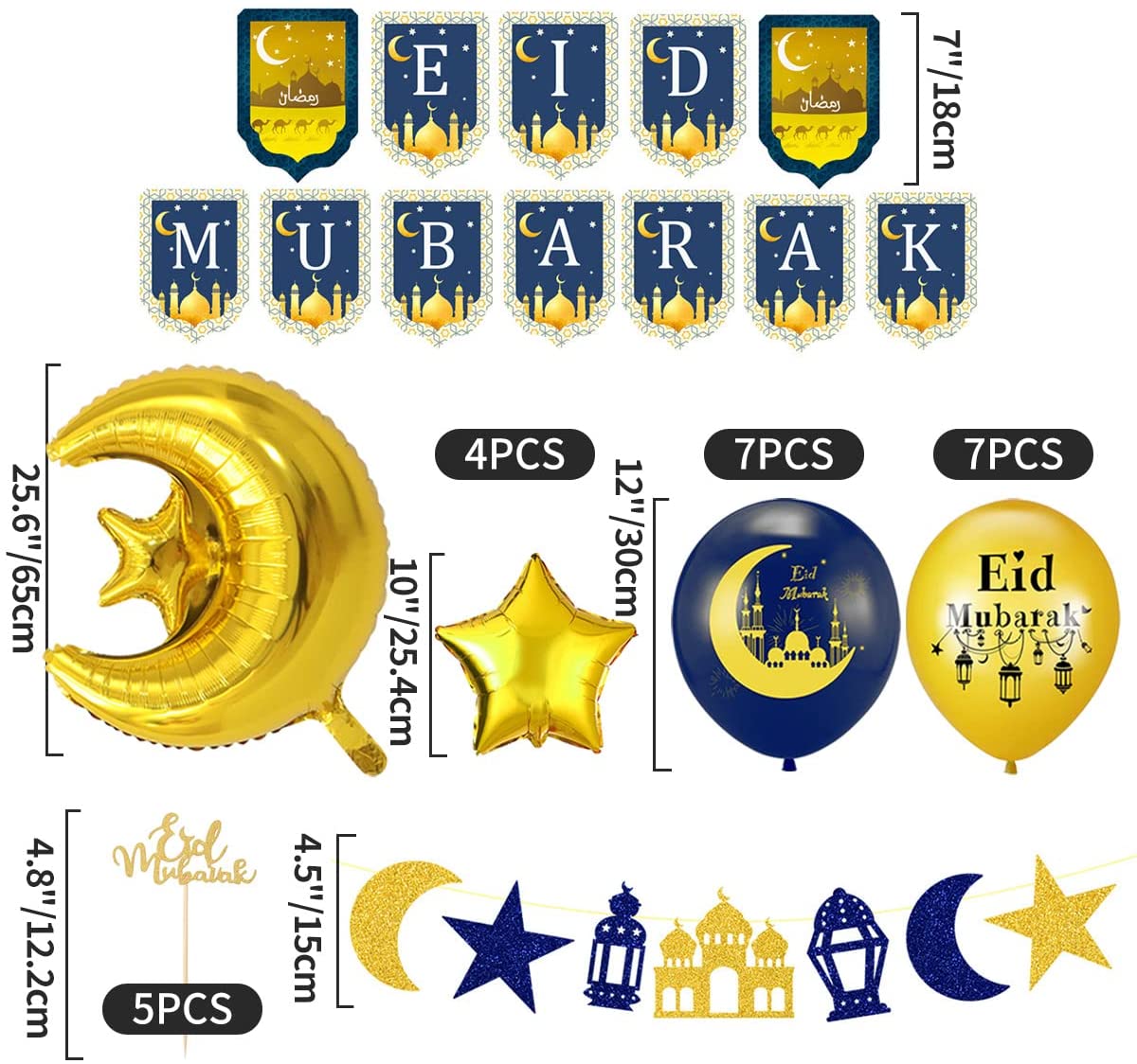 iZoeL Eid Decorations UK with Eid Mubarak Banner, Eid Mubarak Balloons, Eid Mubarak Cake Topper, Eid Mubarak Decorations for Home Set Restaurant Garden - Mubarak UK