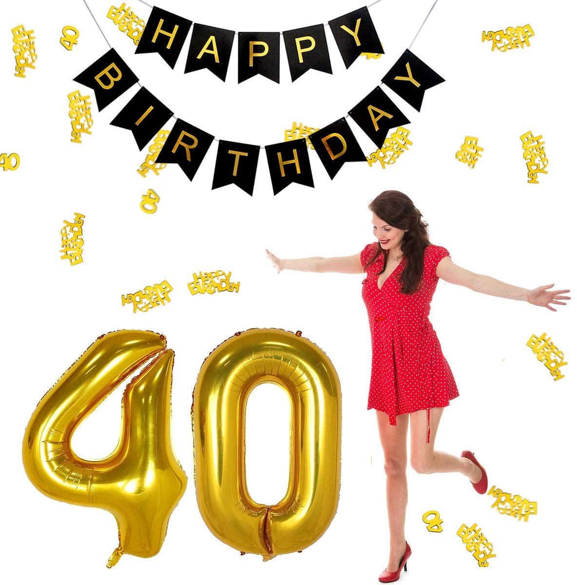 iZoeL 40th Black Gold Birthday Party Decoration, Happy Birthday Banner, Helium Number Balloon 40 XXL, 2 Gold Fringe Curtain, Latex Confetti Balloon, Table Confetti for Man Girl Women Anniversary
