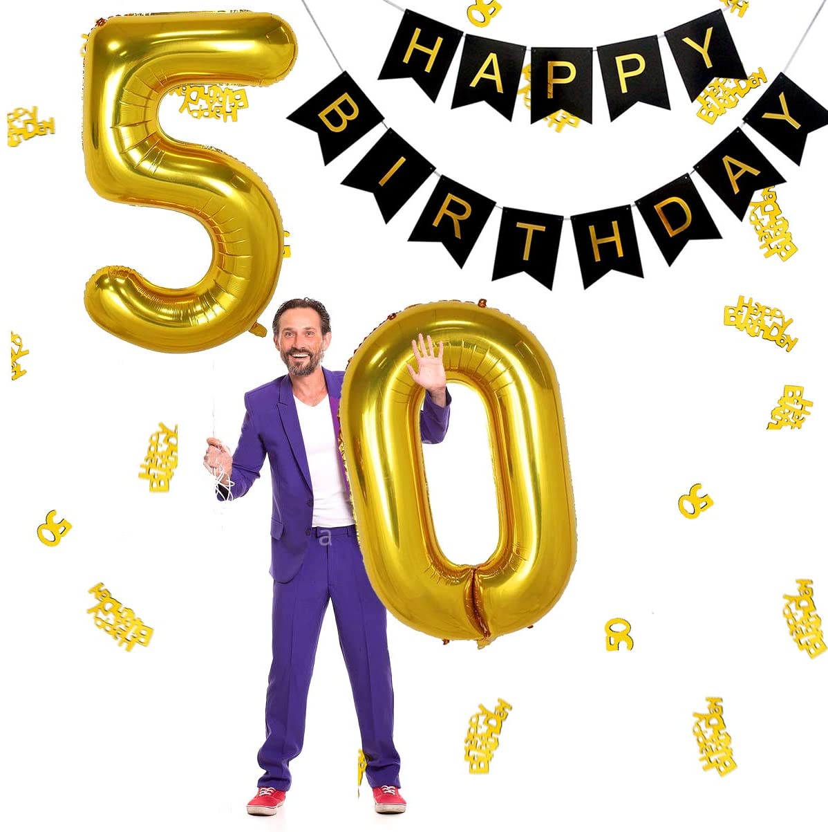 iZoeL 50th Black Gold Birthday Party Decoration, Happy Birthday Banner, Helium Number 50 XXL, 2 Gold Fringe Curtain, Latex Confetti Balloon, Table Confetti