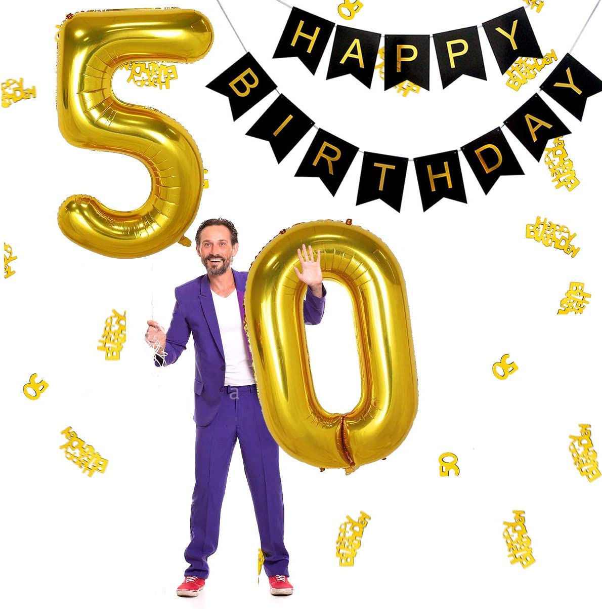 iZoeL 50th Black Gold Birthday Party Decoration, Happy Birthday Banner, Helium Number 50 XXL, 2 Gold Fringe Curtain, Latex Confetti Balloon, Table Confetti