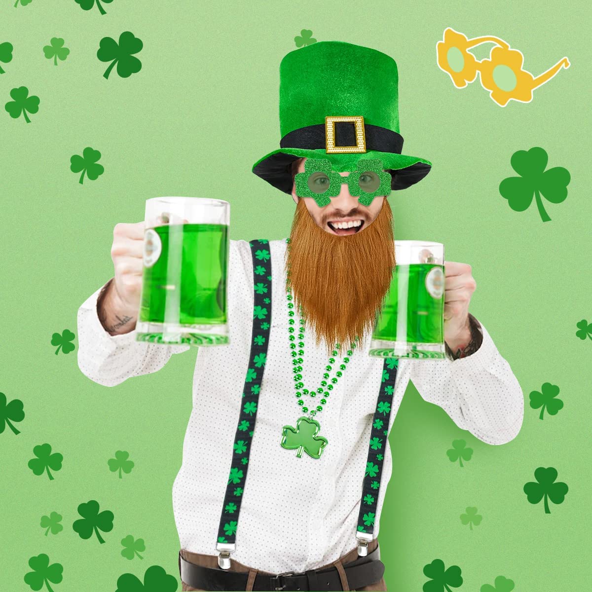 iZoeL St Patricks Day Accessories, Leprechaun Costume St Patricks Day Hat Suspenders Shamrock Glasses Clover Necklaces Irish Fancy Dress Outfits - Men Women kids